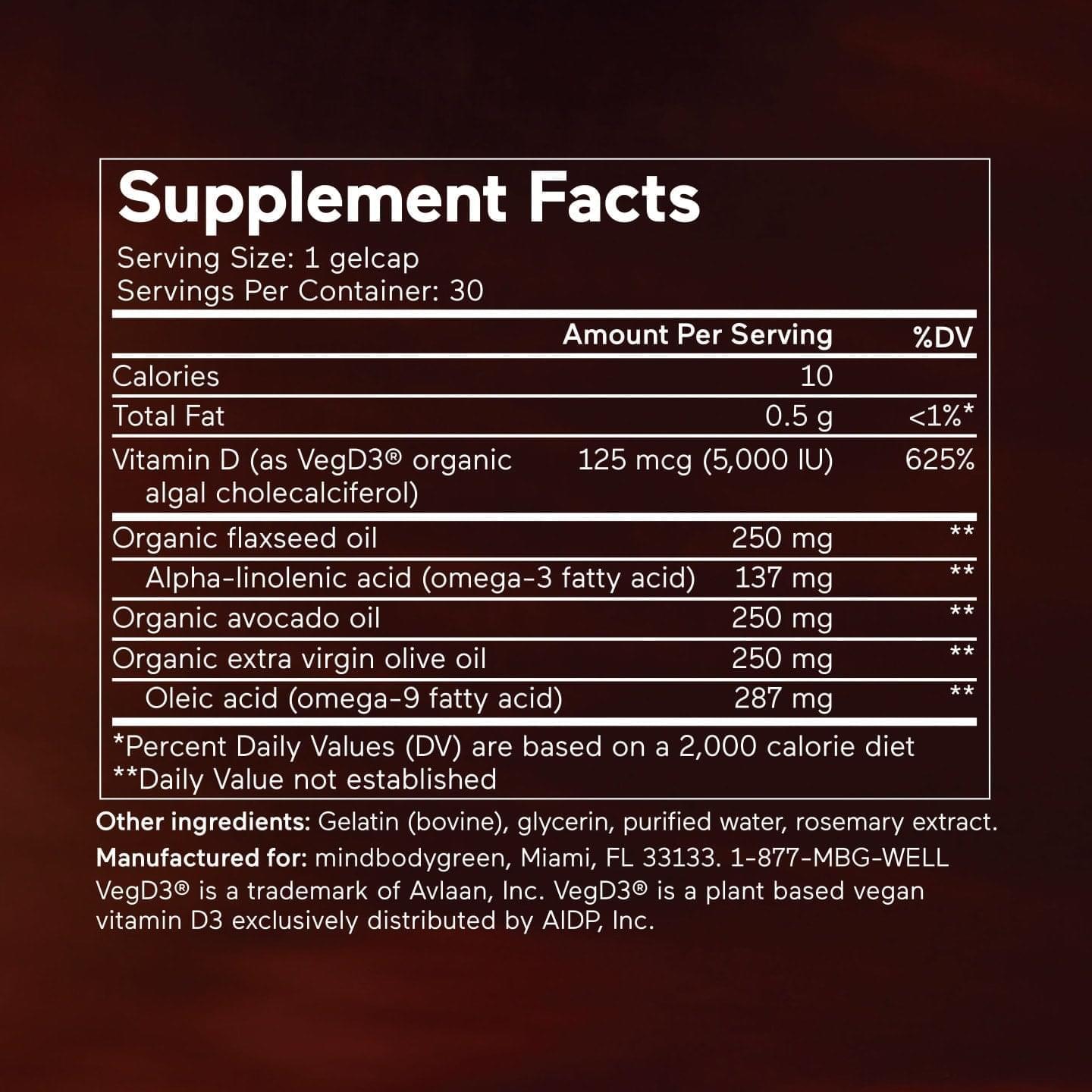 Mindbodygreen Vitamin D3 Potency+ supplement featuring optimal absorption technology and an organic trio of avocado, flaxseed, and olive oils for maximum wellness support.