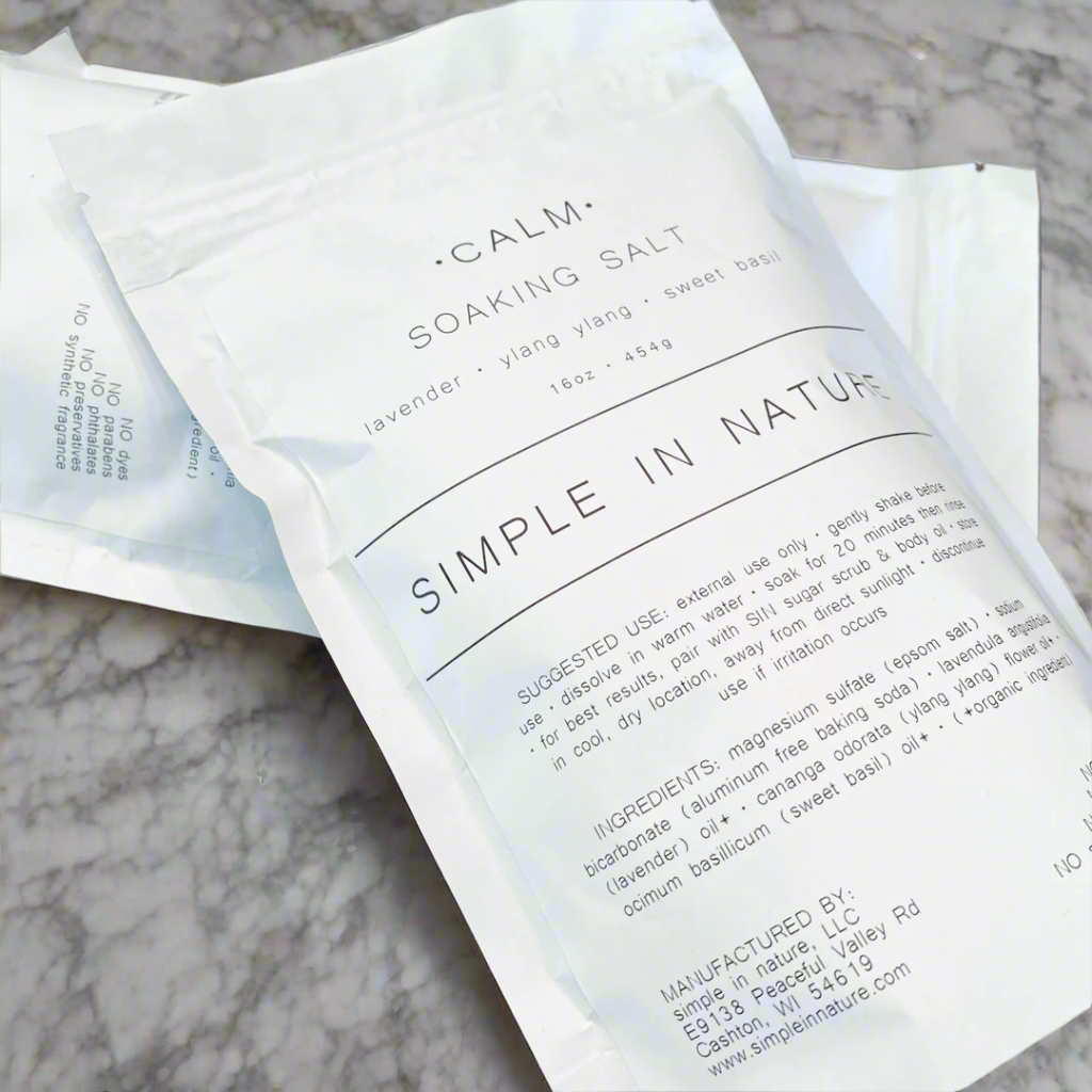 Simple in Nature Soaking Salt - Calm Lavender, Ylang-Ylang, Sweet Basil, 16 oz Compostable Bag for Relaxation and Stress Relief Body Care Comfort Epsom Salt