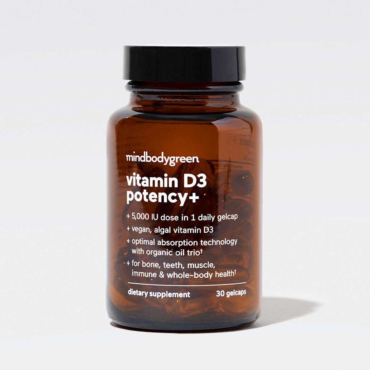 Mindbodygreen Vitamin D3 Potency+ supplement featuring optimal absorption technology and an organic trio of avocado, flaxseed, and olive oils for maximum wellness support.
